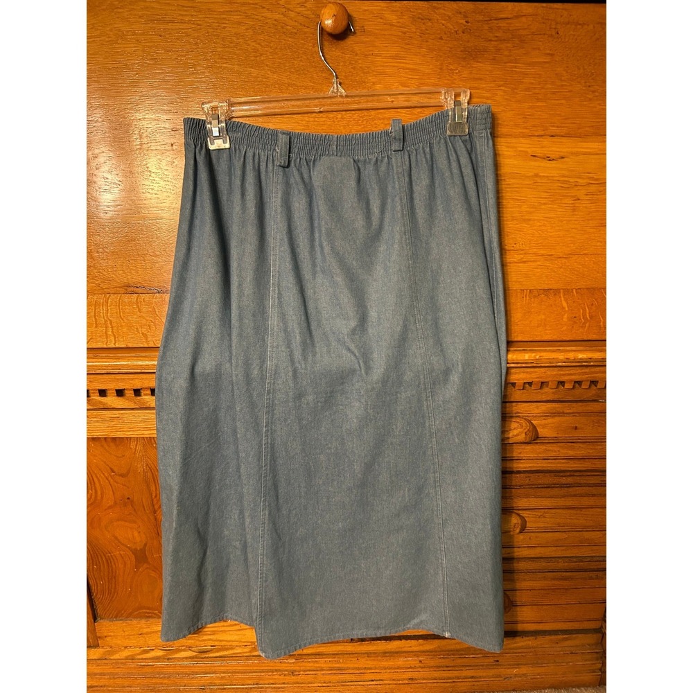 Vintage 90s Cottagecore Preppy Denim Midi Skirt Blue Cotton Old Money Office USA